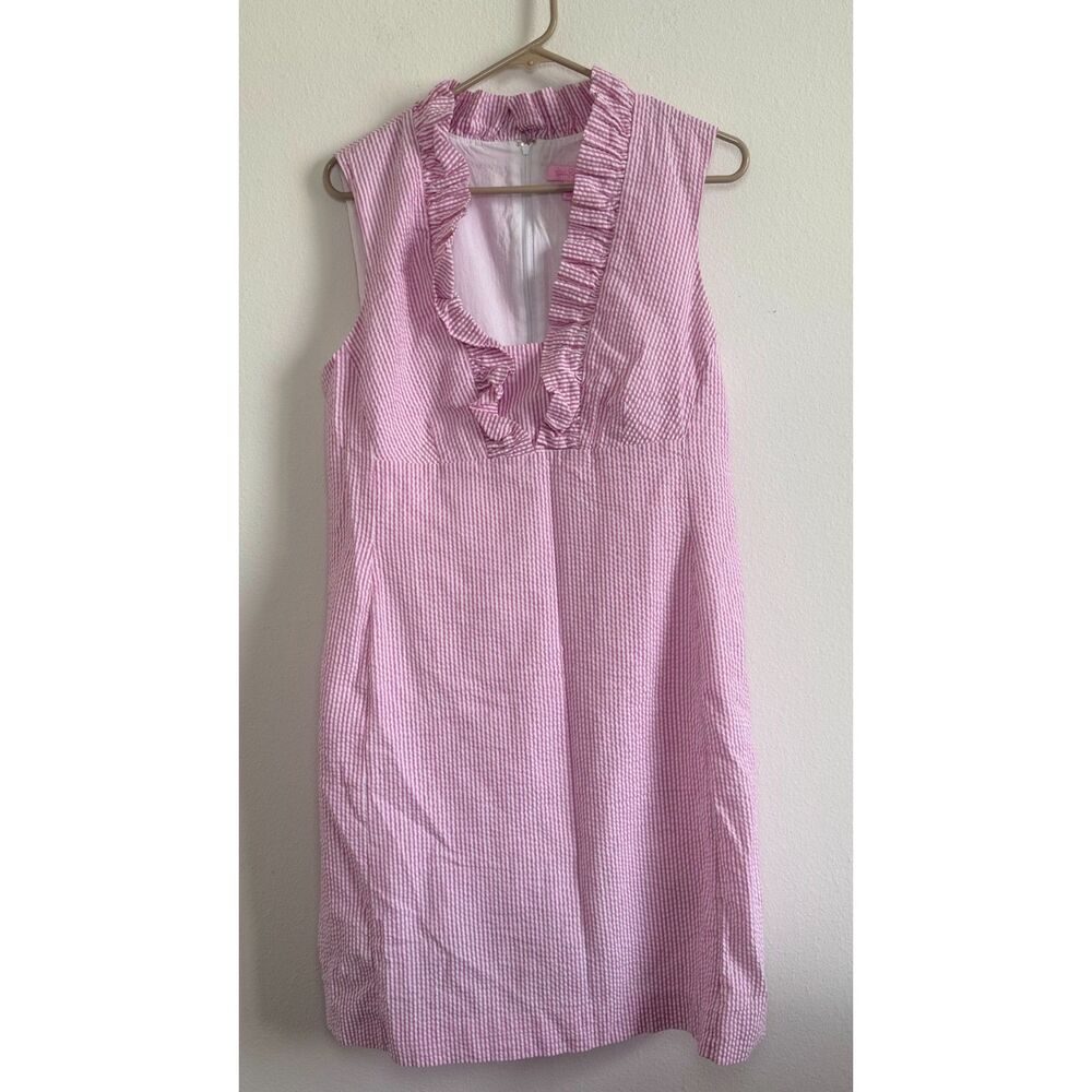 Lilly Pulitzer Women’s 14 Pink White Seersucker Ruffle Shift Dress Sleeveless